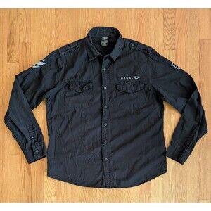 MMA Elite Button Down Shirt Large Black Military Style Long Sleeve Cadet Patch